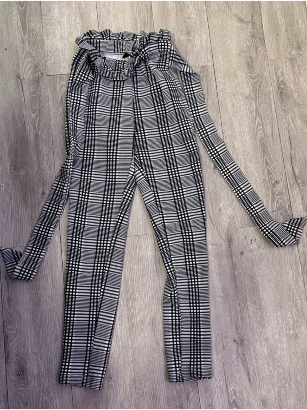 Black White Plaid Paperbag Pants Tie Waist Tapered Career Petite XXS - Picture 2 of 5